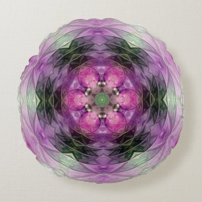 Pink purple black floral star Snowflake pattern Round Cushion (Front)