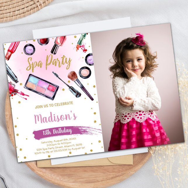 Pink Purple Black Glitter Photo Spa Birthday Invitation (Pink Purple Black Glitter Photo Spa Birthday Invitation)