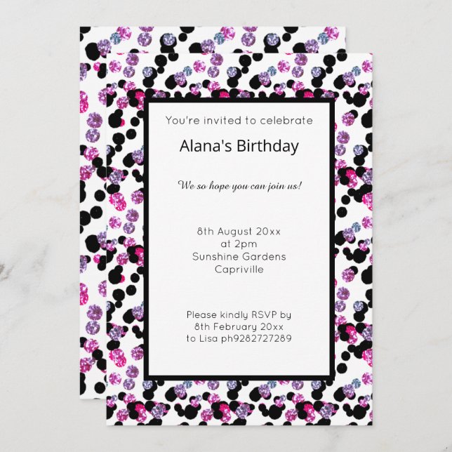 PINK PURPLE BLACK LEOPARD SPOT PATTERN BIRTHDAY INVITATION (Front/Back)