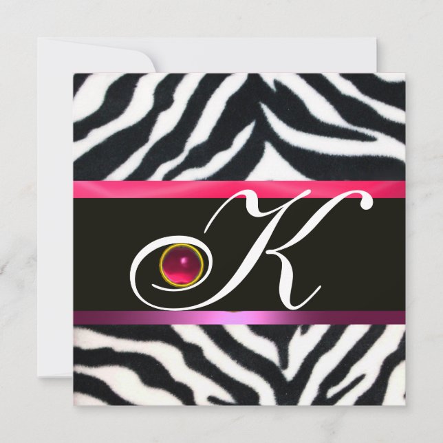 PINK PURPLE BLACK WHITE ZEBRA FUR MONOGRAM ,ruby Invitation (Front)