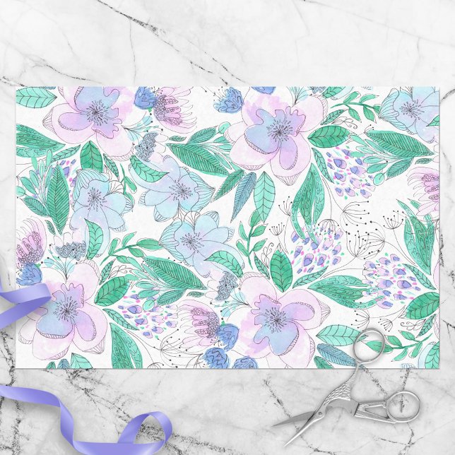 Pink Purple Blooming Flowers and Lush Green Leaves Tissue Paper (Creator Uploaded)