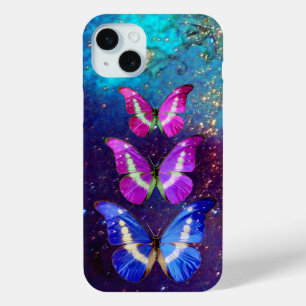 PINK PURPLE BLUE BUTTERFLIES IN GOLD SPARKLES iPhone 15 MINI CASE