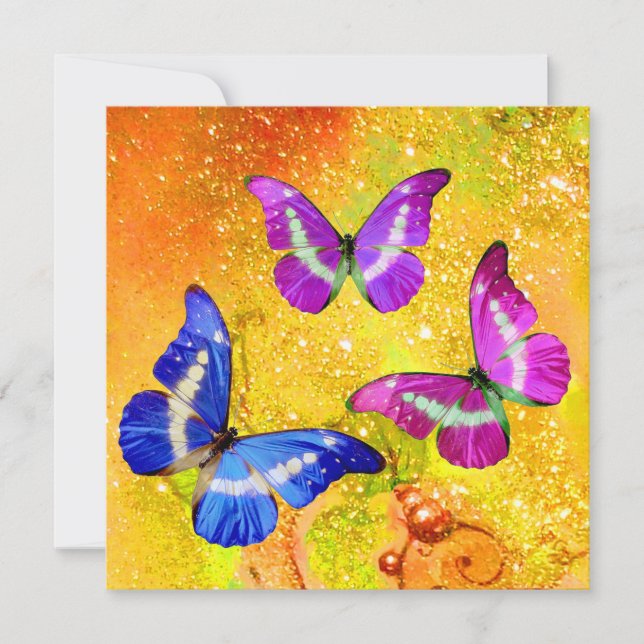 PINK PURPLE BLUE BUTTERFLIES IN GOLD SPARKLES HOLIDAY CARD (Front)