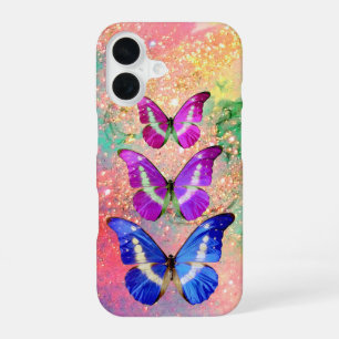 PINK PURPLE BLUE BUTTERFLIES IN GOLD SPARKLES iPhone 16 CASE