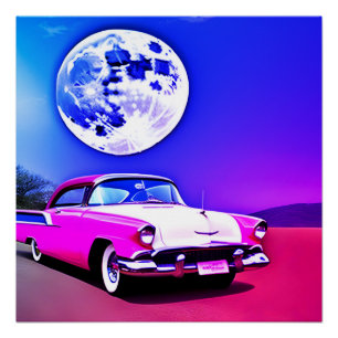 Pink purple blue car in blue moon sky ai art poster
