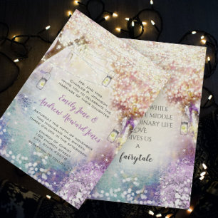 Pink Purple Blue Fairy Lights Boho Forest Wedding Invitation