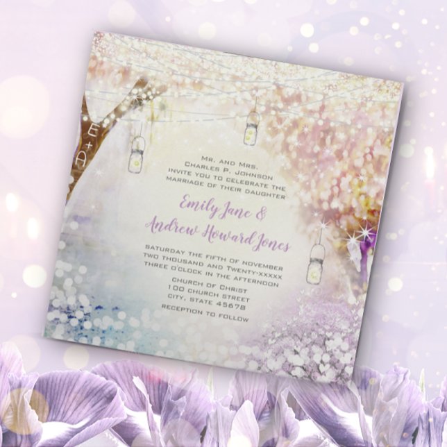 Pink Purple Blue Fairy Lights Boho Forest Wedding Invitation (Creator Uploaded)