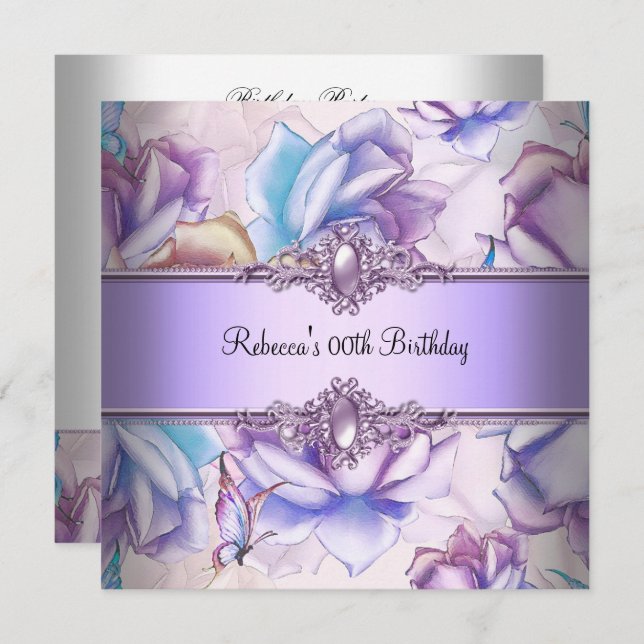 Pink Purple Blue Floral Birthday Party  Image Invitation (Front/Back)