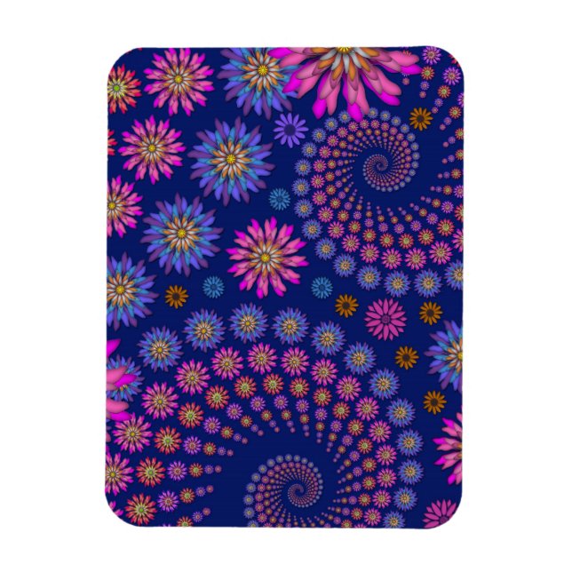 Pink Purple Blue Floral Pattern on Blue Magnet (Vertical)