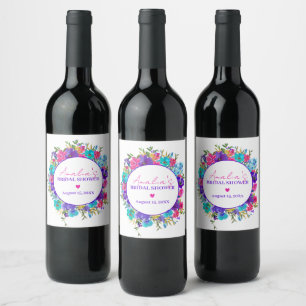 Pink Purple Blue Flower Bridal Shower Wine Label