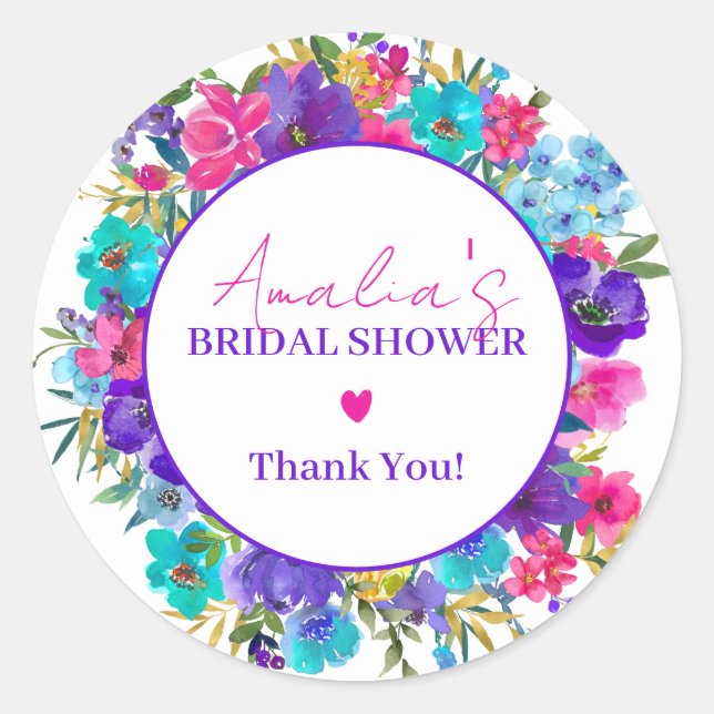 Pink Purple Blue Flower Thank You Bridal Shower Classic Round Sticker (Front)