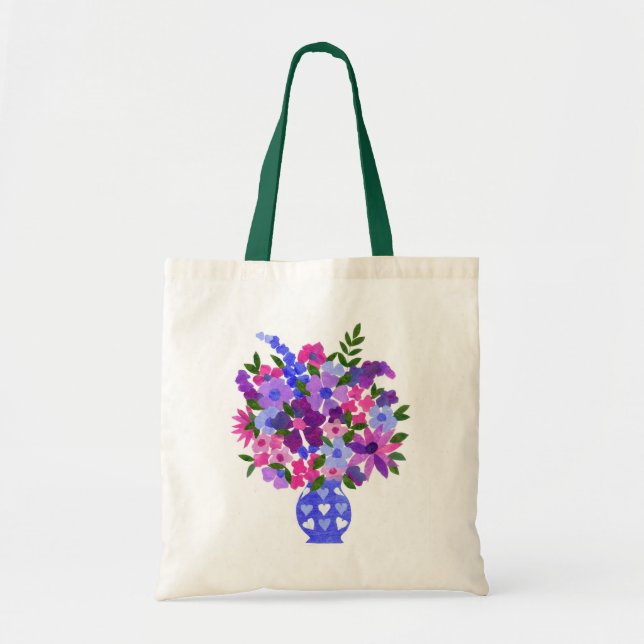 Pink, Purple, Blue Flowers in Vase with Hearts Tote Bag (Front)
