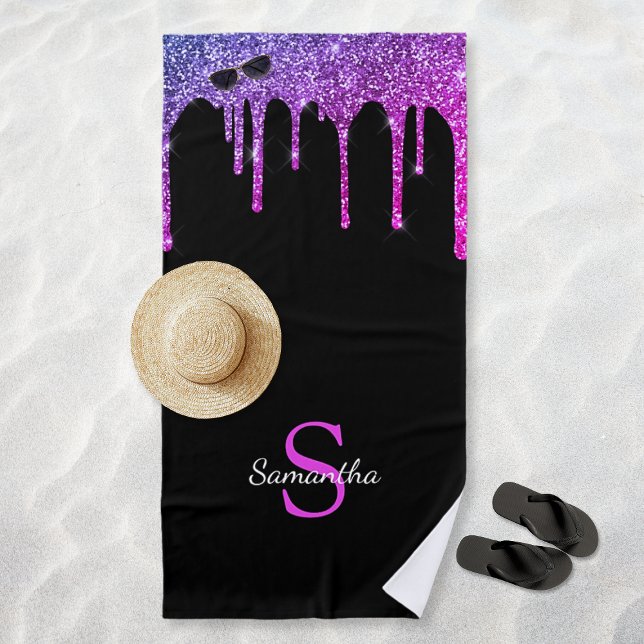 Pink Purple Blue Glitter Drips Black Monogram Name Beach Towel (Pink Purple Blue Glitter Drips Black Monogram Name Beach Towel)