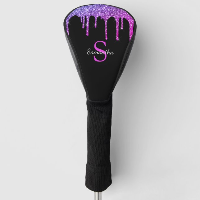 Pink Purple Blue Glitter Drips Monogram Name Golf Head Cover (Front)