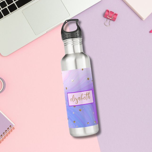 Pink Purple Blue Gold Glitter Monogram  710 Ml Water Bottle (Monogrammed name blue purple pink marble swirl gold glitter water bottle for her)