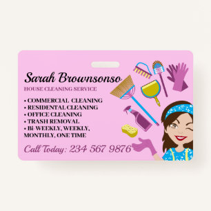 Pink Purple Blue Janitorial Cartoon House Cleaning ID Badge