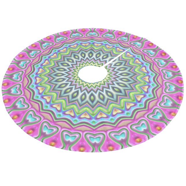 Pink Purple Blue Lime Green Mandala Star Pattern Fleece Tree Skirt (Angled)