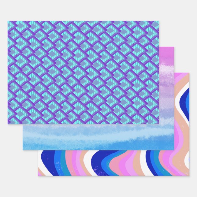 Pink Purple Blue Patterns Variety Pack Wrapping Paper Sheet (Set)