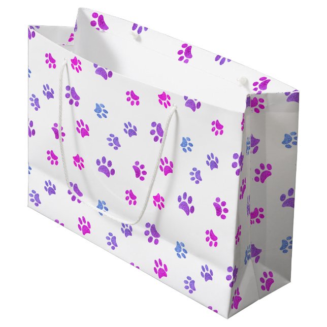 Pink Purple Blue Paw Prints Pattern Large Gift Bag (Front Angled)