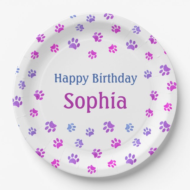 Pink Purple Blue Paw Prints Pet Birthday Party Paper Plate (Front)