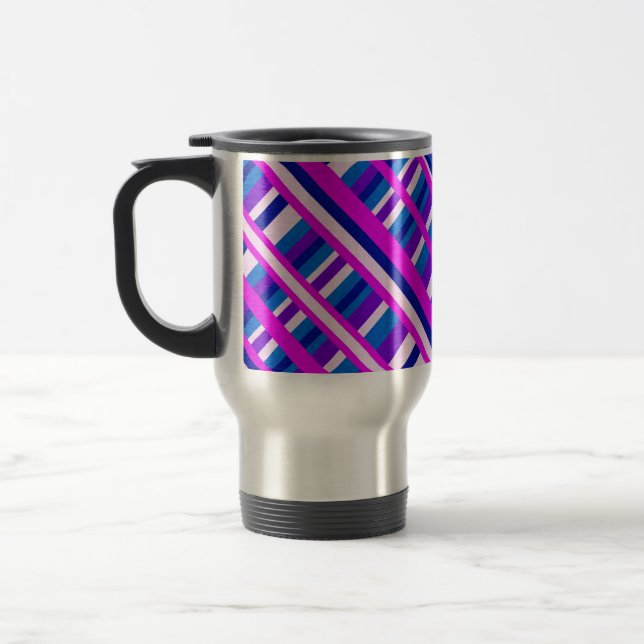 Pink Purple Blue Plaid Diagonal Travel Mug (Left)