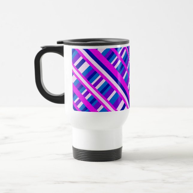 Pink Purple Blue Plaid Diagonal Travel Mug (Left)