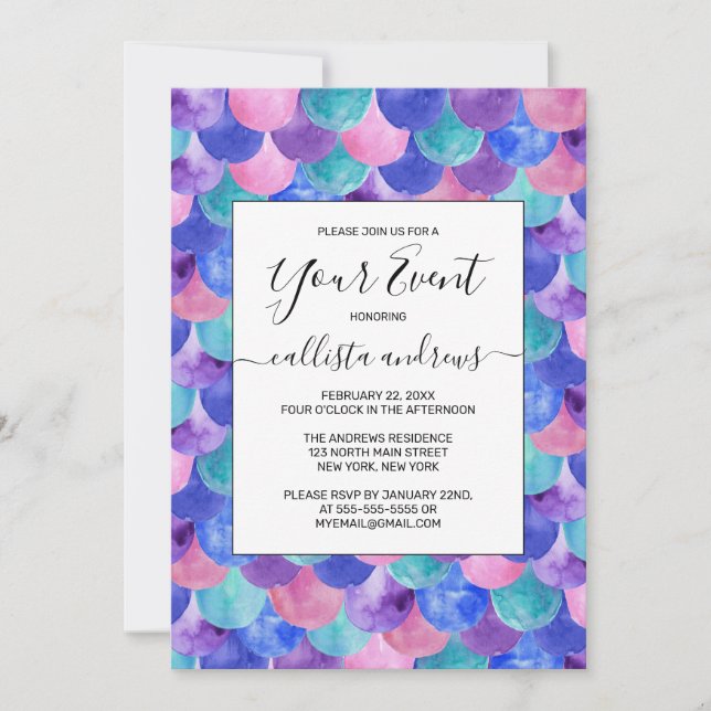 Pink Purple Blue Teal Watercolor Mermaid Scales Invitation (Front)