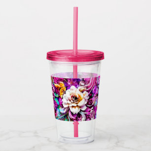 Pink Purple Blue Teal White Garden Flowers Fantasy Acrylic Tumbler