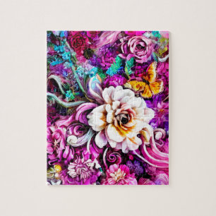 Pink Purple Blue Teal White Garden Flowers Fantasy Jigsaw Puzzle