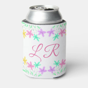 pink purple blue watercolor floral monogram letter can cooler