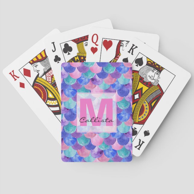 Pink Purple Blue Watercolor Mermaid Scale Monogram Playing Cards (Back)