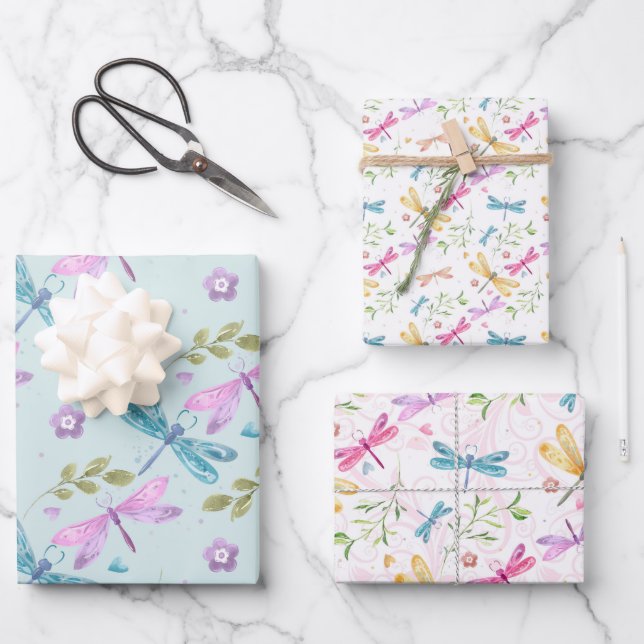 PINK PURPLE BLUE YELLOW WATERCOLOR DRAGONFLIES WRAPPING PAPER SHEET (Front)