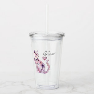 Pink Purple Blush Flowers Heart Love Cat Acrylic Tumbler