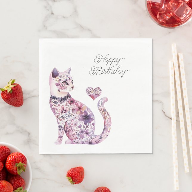 Pink Purple Blush Flowers Heart Love Cat Birthday Napkin (Insitu)