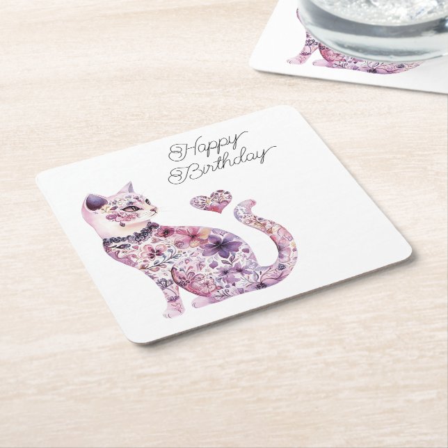 Pink Purple Blush Flowers Heart Love Cat Birthday Square Paper Coaster (Angled)