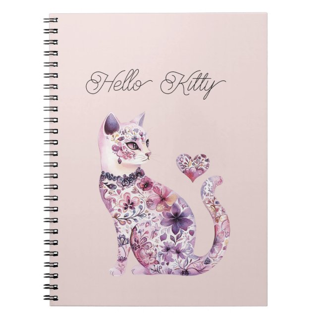 Pink Purple Blush Flowers Heart Love Cat  Notebook (Front)