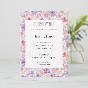 Pink Purple Blush Flowers Hearts Birthday Invitation