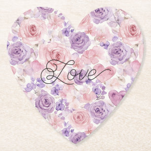 Pink Purple Blush Flowers Hearts Bridal Shower Paper Coaster
