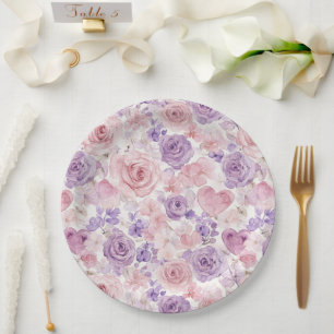 Pink Purple Blush Flowers Hearts Bridal Shower Paper Plate