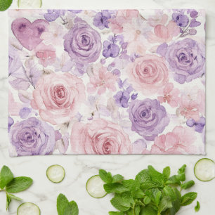 Pink Purple Blush Flowers Hearts   Tea Towel