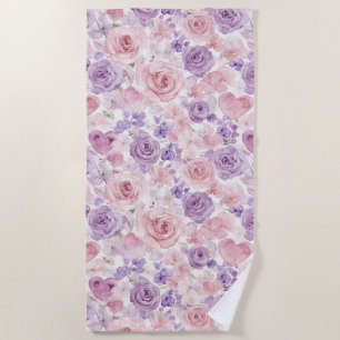 Pink Purple Blush Flowers Hearts Valentine's Day Beach Towel