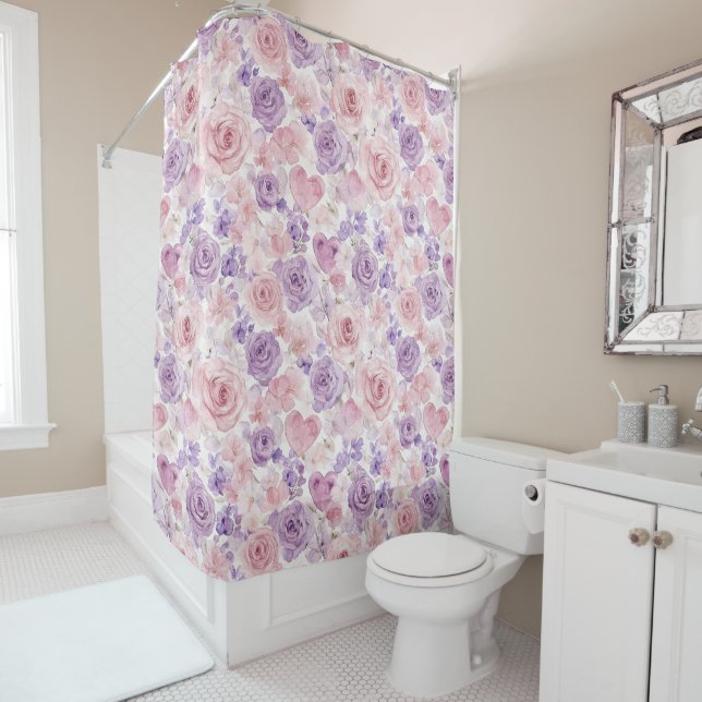 Pink Purple Blush Flowers Hearts Valentine's Day Shower Curtain (In Situ)