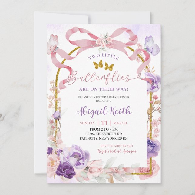 Pink Purple Bow Coquette Twins Butterfly Invitatio Invitation (Front)