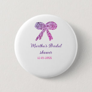 Pink purple bow sparkle glitter bridal shower name 6 cm round badge