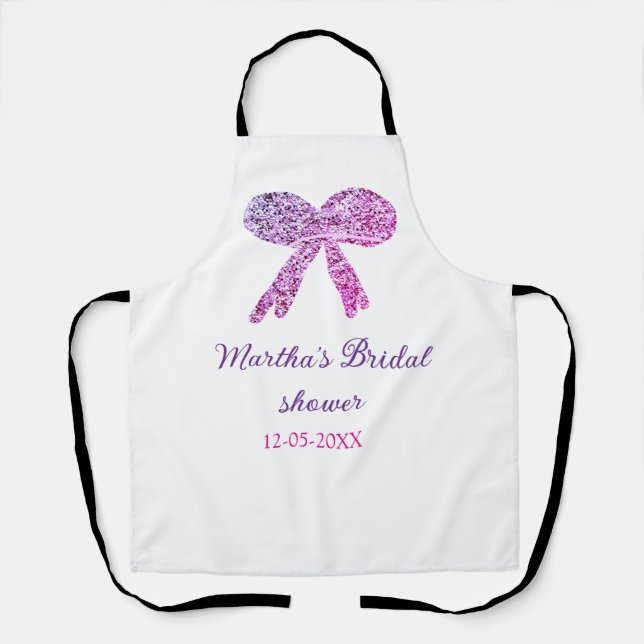 Pink purple bow sparkle glitter bridal shower name apron (Front)