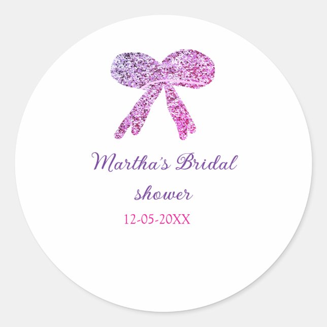 Pink purple bow sparkle glitter bridal shower name classic round sticker (Front)
