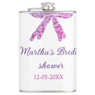 Pink purple bow sparkle glitter bridal shower name hip flask