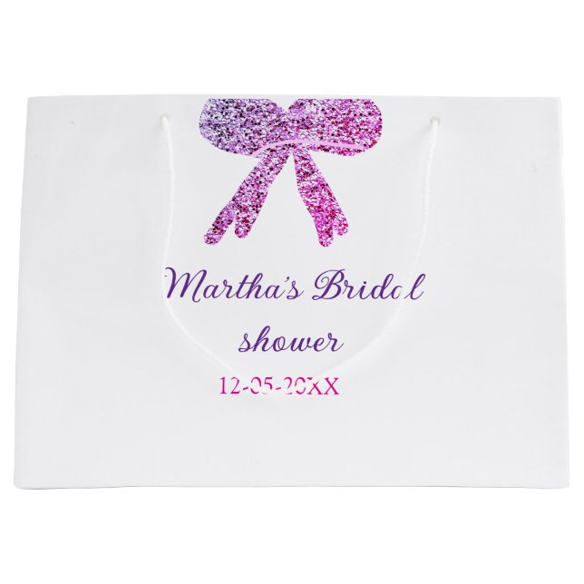 Pink purple bow sparkle glitter bridal shower name large gift bag (Front)