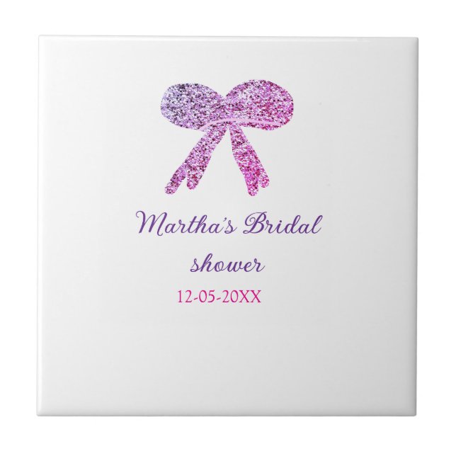 Pink purple bow sparkle glitter bridal shower name tile (Front)