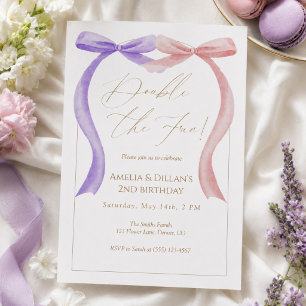 Pink purple bow Twin Birthday Invitation